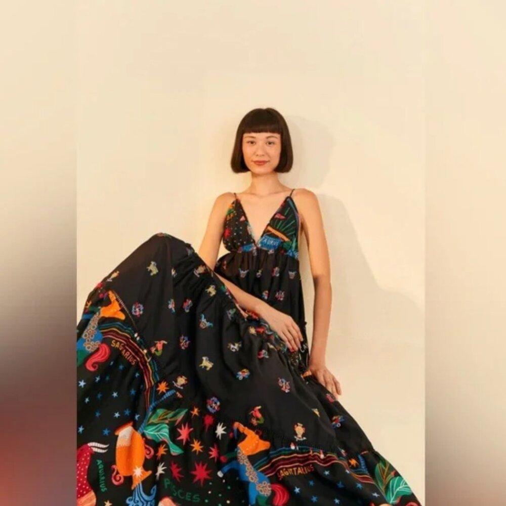 FARM RIO Rio Zodiac Embroidered Maxi Dress Black S NWT $295 - Picture 4 of 12